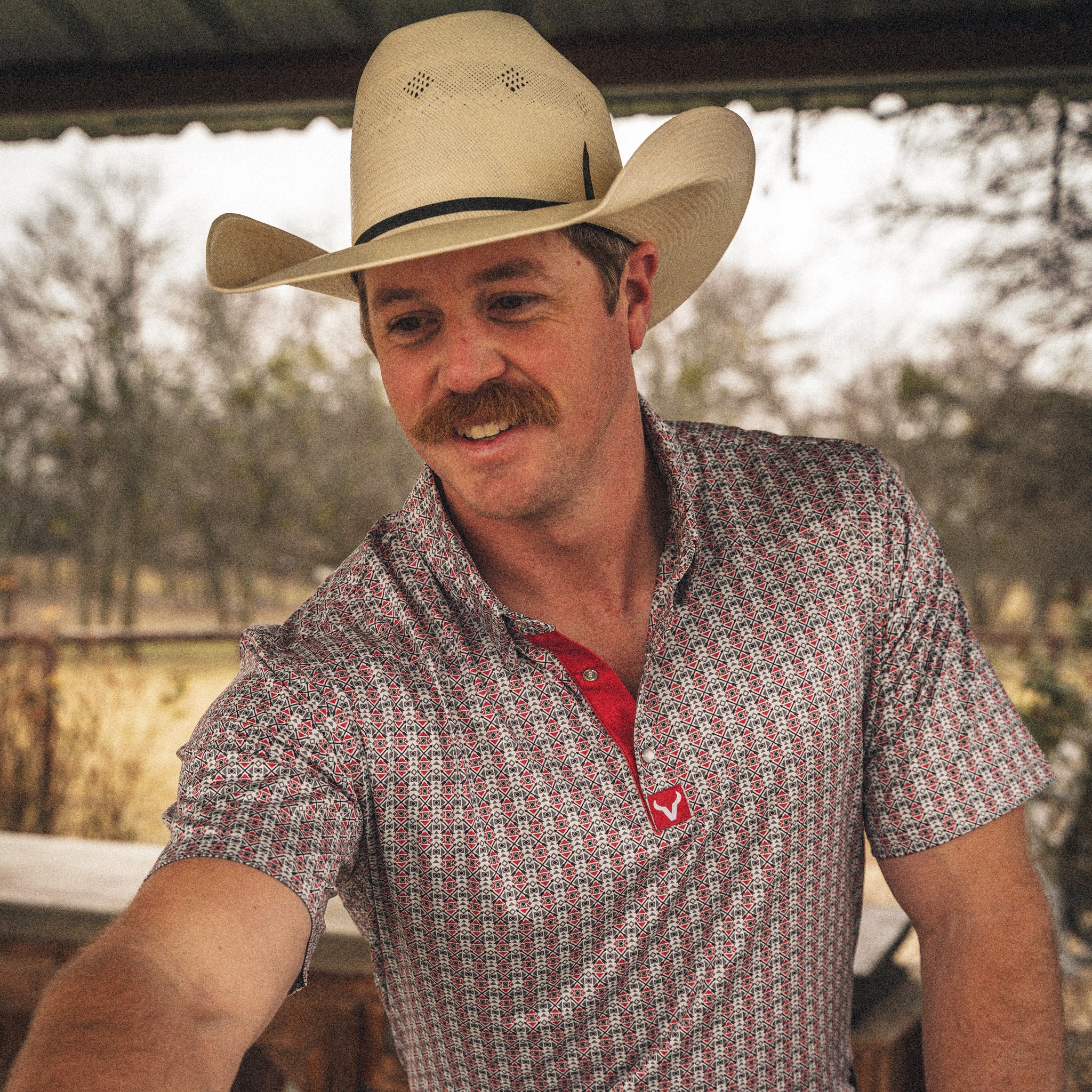 Western Pearl Snap Polo – Native Arrows (Red)