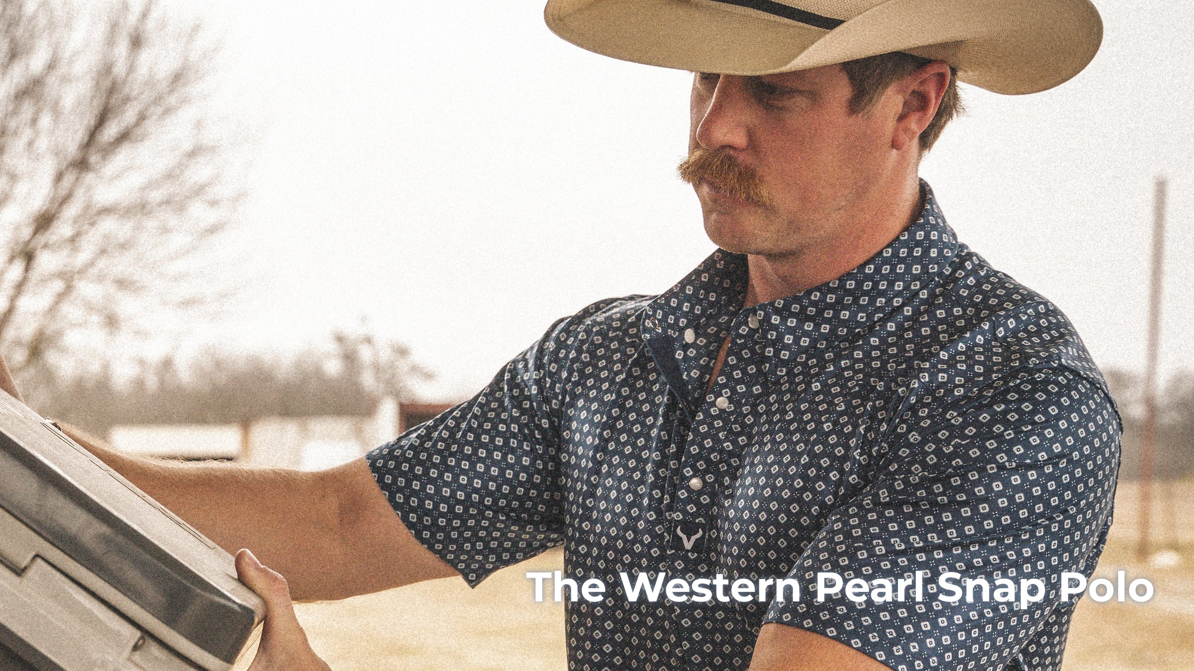Vexil Brand Western Pearl Snap Polo, Tribal print in navy — men's western pearl snap performance shirt.
